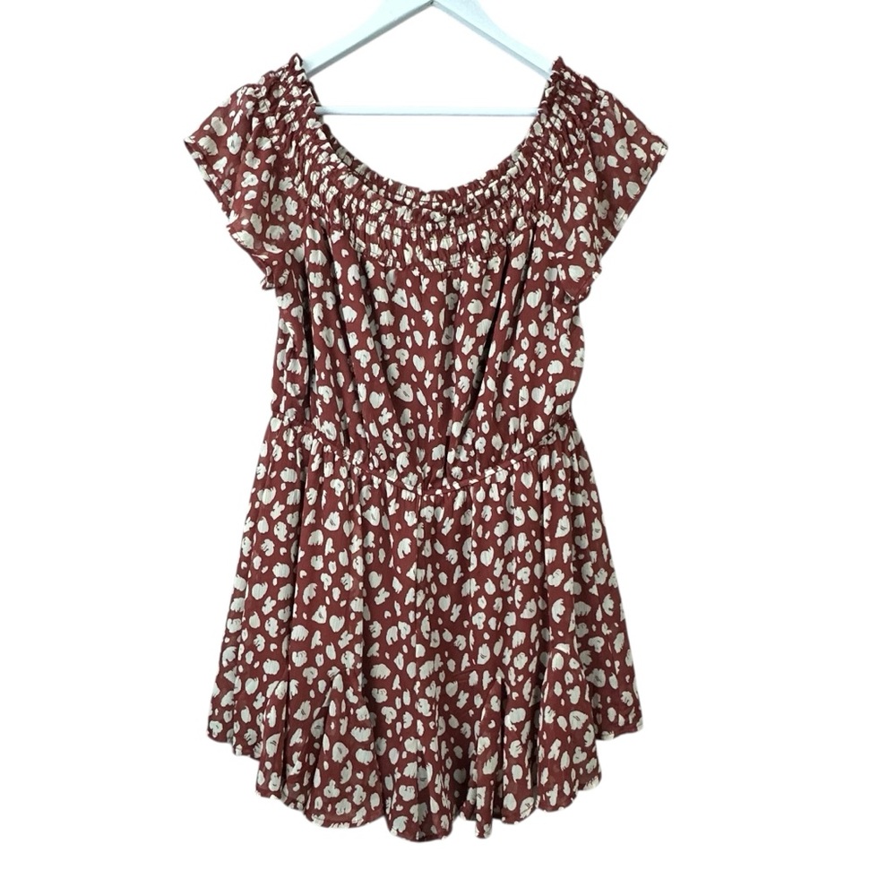 Francesca’s Blue Rain Rust Print Smocked Dress Women Sz L NWT